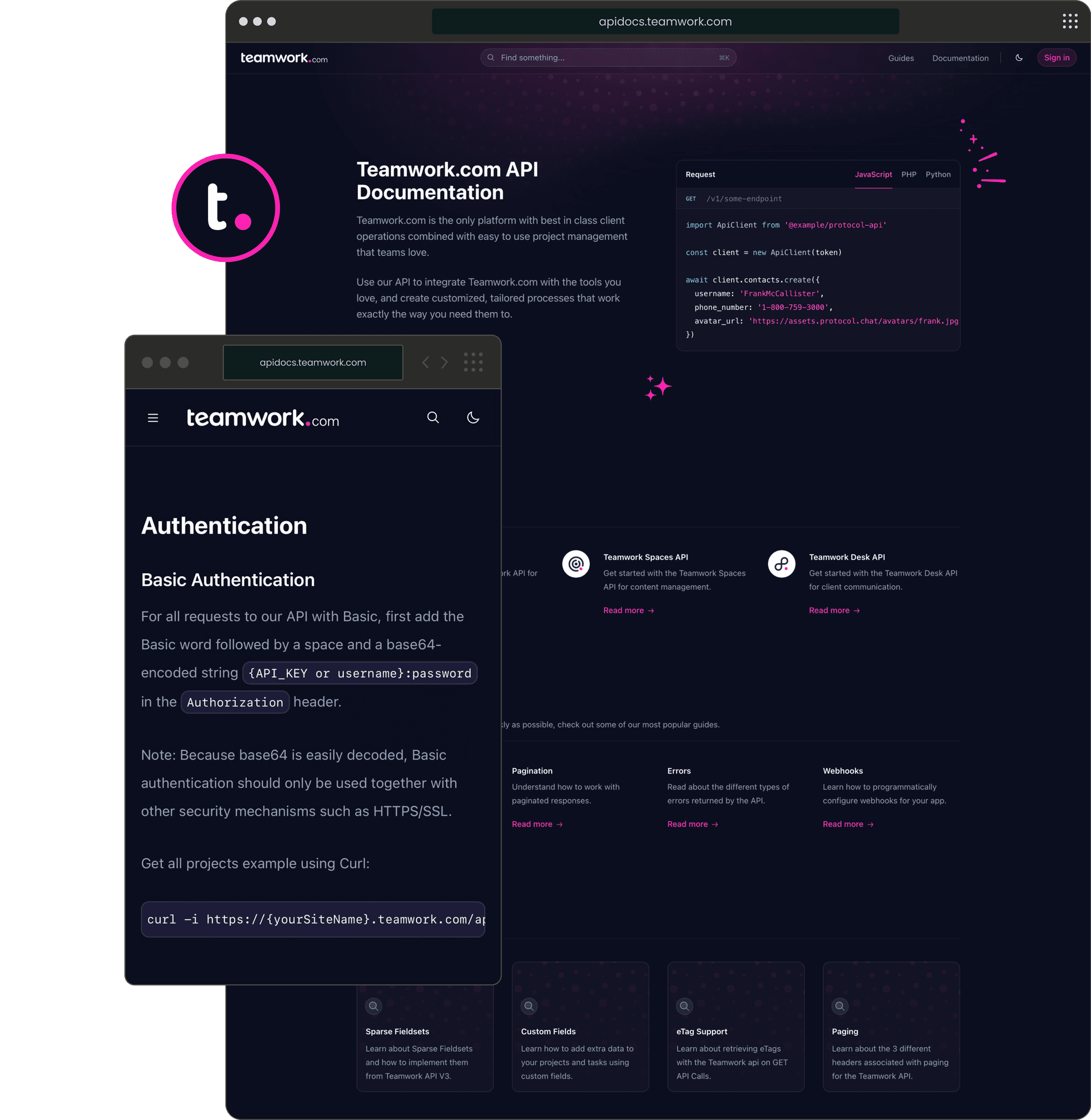 Mockup of Teamworks API and Documents website